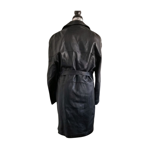60s Black Leather Trench Coat with Belt and Wide Collar - Picture 5 of 10